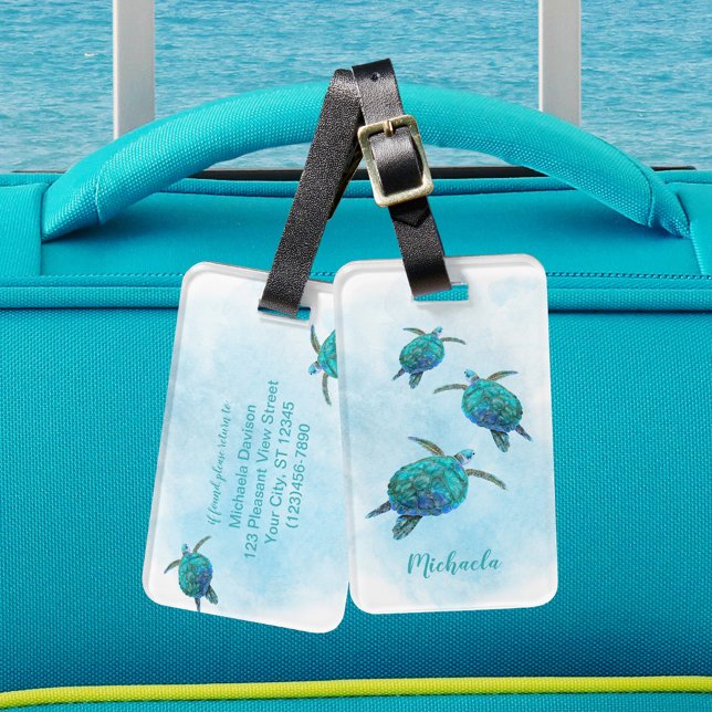 Etiqueta De Bagagem Tartarugas marinhas personalizadas Oceano Aquarela (Criador carregado)