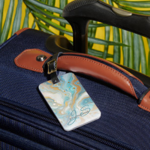 Etiqueta De Bagagem Teal Aqua Turquoise Blue Marble Art Patterno