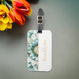 Etiqueta De Bagagem Teal Blue Dourado Floral Mandala Personalizado