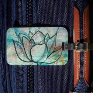 Etiqueta De Bagagem Teal Blue Watercolor Flor Elegante Artsy Lotus