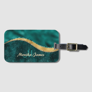 Etiqueta De Bagagem Teal Dourado com metal escovado Nome do monograma