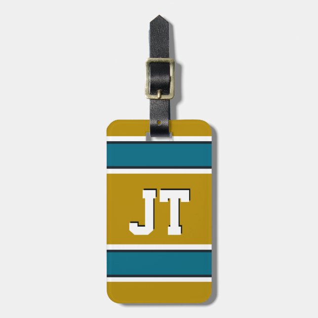 Etiqueta De Bagagem Teal e Dourado Esporte Stripes Monograma (Frente Vertical)