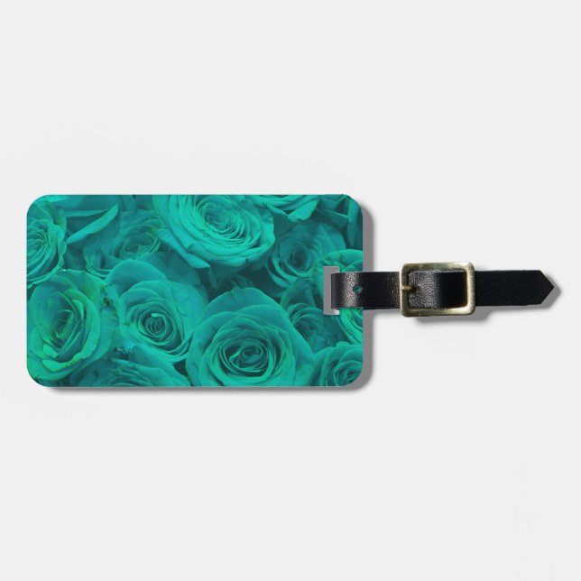 Etiqueta De Bagagem Teal elegante romântico - rosas verdes (Frente Horizontal)
