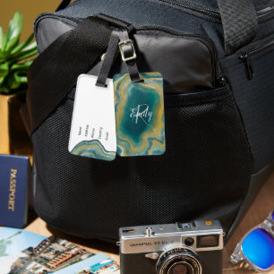 Etiqueta De Bagagem Teal Green Agate Marble Abstrato Name Monograma