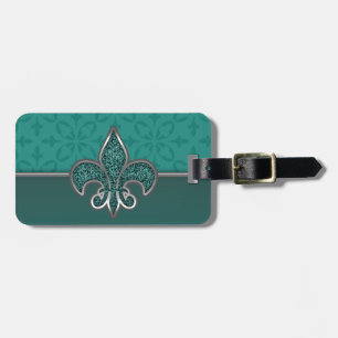 Etiqueta De Bagagem Teal Silver Glitter Fleur De Lis