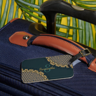 Etiqueta De Bagagem Teal Verde Escuro + Dourado com nome personalizado