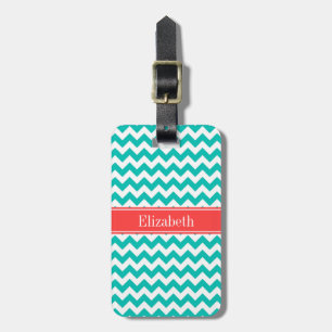 Etiqueta De Bagagem Teal White Chevron ZigZag Nome do Coral Monograma