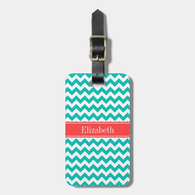 Etiqueta De Bagagem Teal White Chevron ZigZag Nome do Coral Monograma (Frente Vertical)