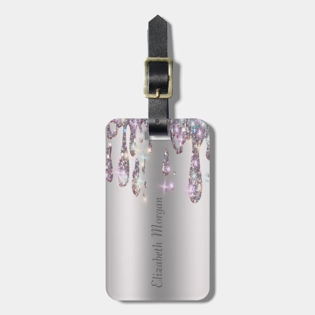 Etiqueta De Bagagem Tendência Chic, Glitter De Prata De Stripe (Frente Vertical)