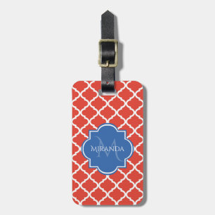 Etiqueta De Bagagem Tendência Red Quatrefoil Blue Monograma e Nome