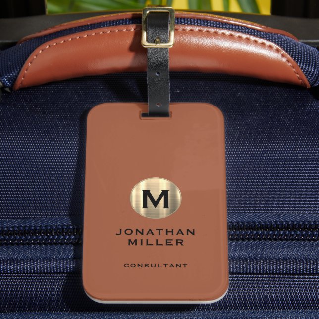 Etiqueta De Bagagem Terracotta Bruche Dourado Monograma (Frente Insitu 2)