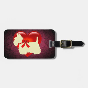 Etiqueta De Bagagem Terrier escocês, coração vermelho, arco, rosa gran