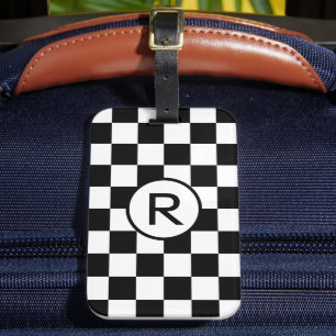 Etiqueta De Bagagem Teste padrão Checkered preto e branco do monogram