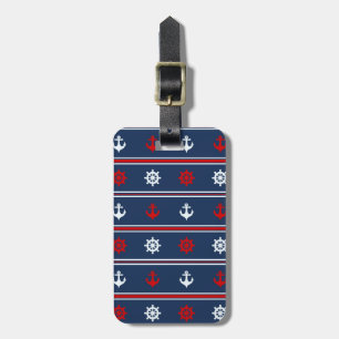 Etiqueta De Bagagem Teste padrão náutico branco e azul vermelho