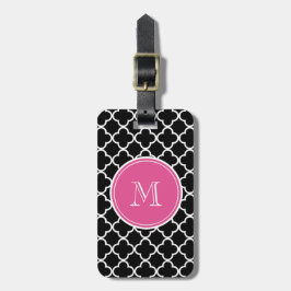 Etiqueta De Bagagem Teste padrão preto de Quatrefoil, monograma do