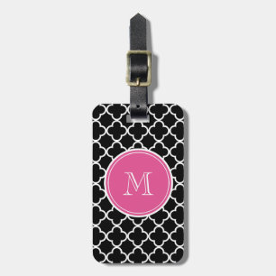 Etiqueta De Bagagem Teste padrão preto de Quatrefoil, monograma do