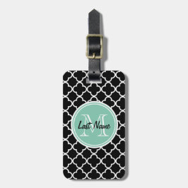 Etiqueta De Bagagem Teste padrão preto de Quatrefoil, monograma verde