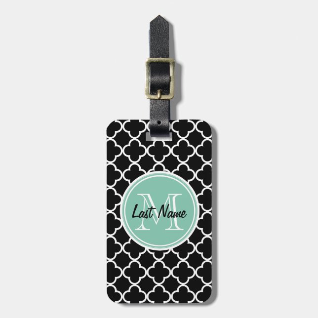 Etiqueta De Bagagem Teste padrão preto de Quatrefoil, monograma verde (Frente Vertical)