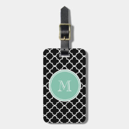 Etiqueta De Bagagem Teste padrão preto de Quatrefoil, monograma verde