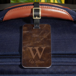 Etiqueta De Bagagem Textura De Couro Castanho Escuro Elegante Monogram