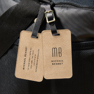 Etiqueta De Bagagem Textura de Couro Falso Bege Elegante Monogramada