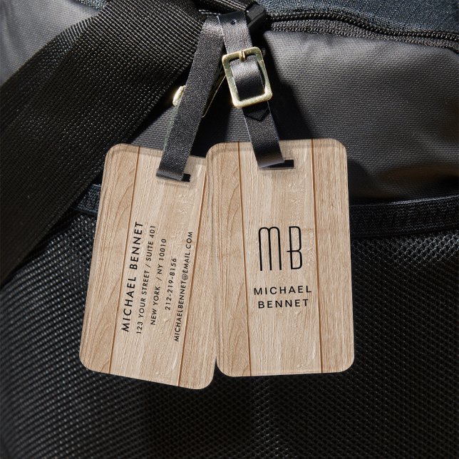Etiqueta De Bagagem Textura em madeira de Faux monogramada (Monogrammed Faux Wood Texture Luggage Tag)