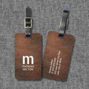 Etiqueta De Bagagem Textura Marrom Branco Monograma Ousado