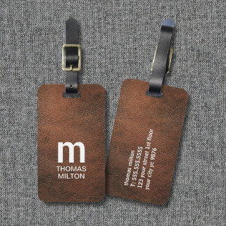Etiqueta De Bagagem Textura Marrom Branco Monograma Ousado