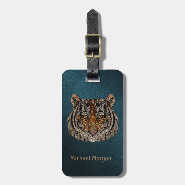 Etiqueta De Bagagem Tiger Head Green Leather Look (Frente Vertical)