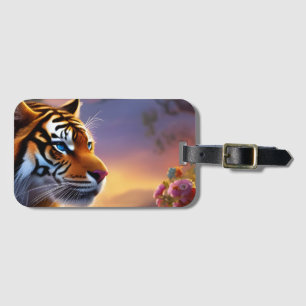 Etiqueta De Bagagem Tigre de olhos azuis e flores cor-de-rosa
