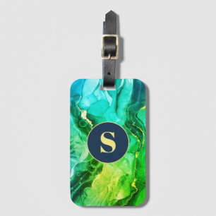 Etiqueta De Bagagem Tinta Líquida Azul Escuro Teal Amarelo Verde, Mono