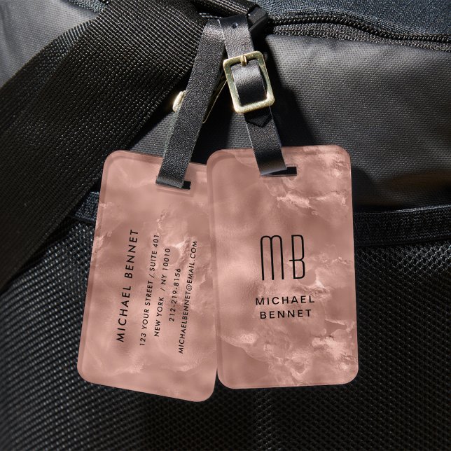 Etiqueta De Bagagem Tinta líquida Dourada Elegante monograma com Rosa (Elegant Monogrammed Rose Gold Liquid Ink Texture Luggage Tag)