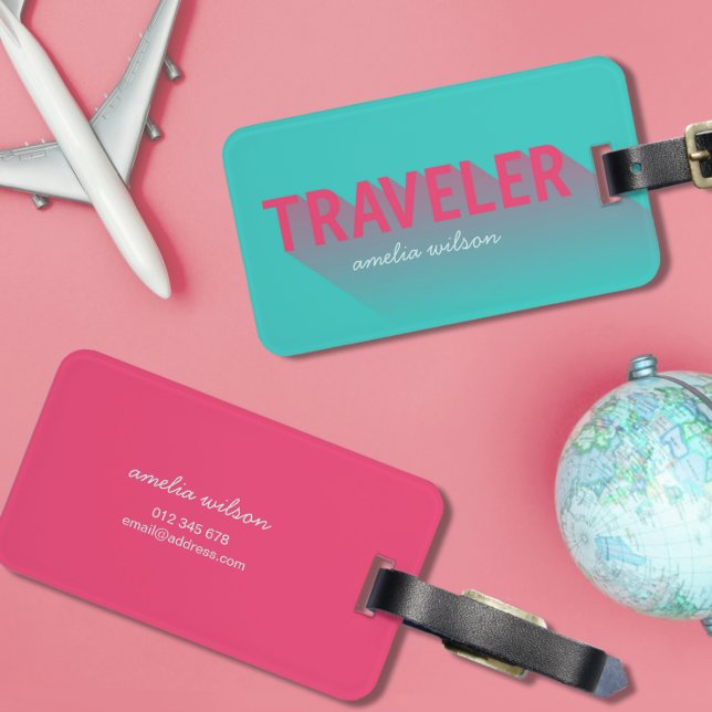 Etiqueta De Bagagem Tipografia Tag Turquoise Moderna Pink Traveler Bag (Criador carregado)
