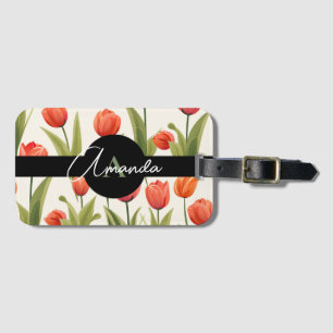 Etiqueta De Bagagem Título do Monograma Branco e Vermelho Padrão Tulip