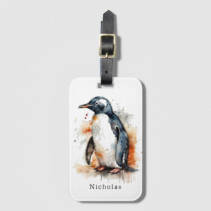 Etiqueta De Bagagem Tons de Pôr do Sol Pinguim Aquarela, personalizado