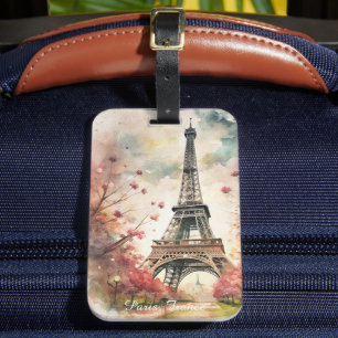 Etiqueta De Bagagem Torre Eiffel Romântica Floral Aquarela Paris