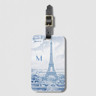 Etiqueta De Bagagem Torre Eiffel Vintage em azul -monograma