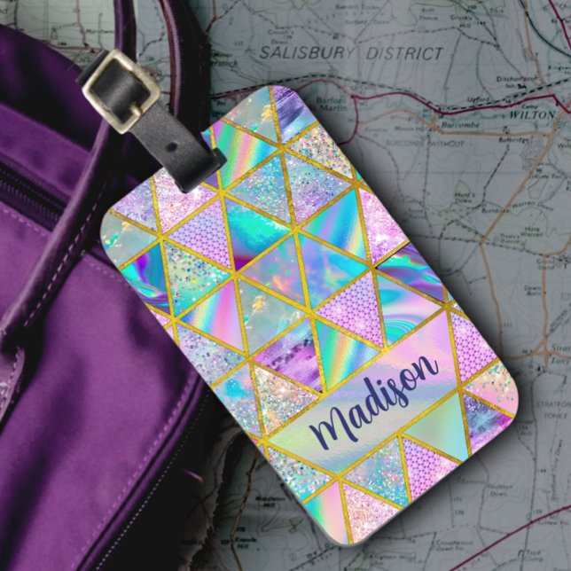 Etiqueta De Bagagem Trendência holográfica elegante dourada esfarrapad (Criador carregado)
