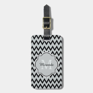 Etiqueta De Bagagem Trendy Black Cinza Chevron Zigzag Name e Monograma