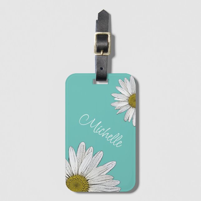 Etiqueta De Bagagem Trendy Daisies Teal Green Personalizado (Frente Vertical)