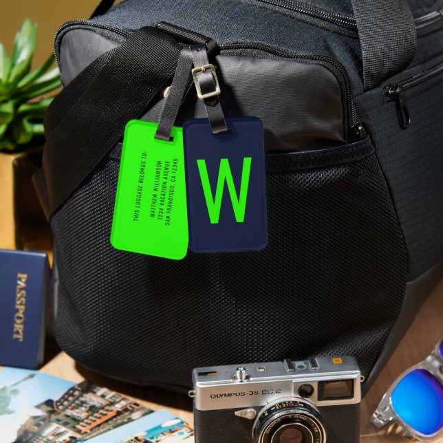 Etiqueta De Bagagem Trendy Neon Green Monograma (Frente e verso)