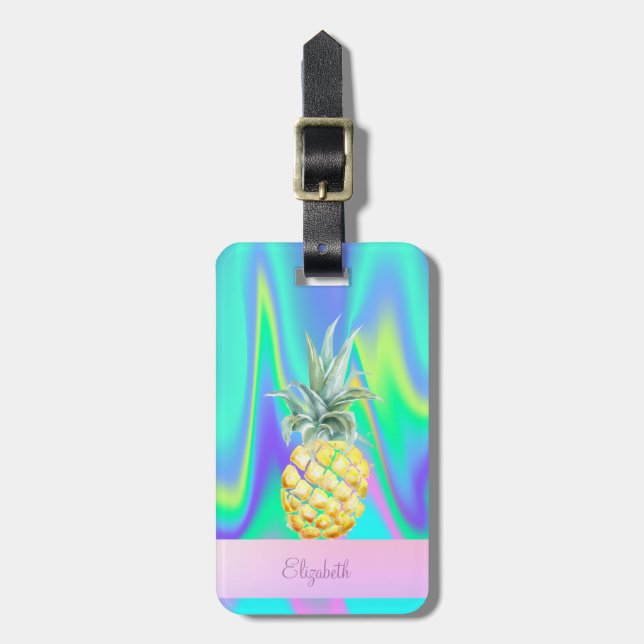 Etiqueta De Bagagem Trendy Stripe Pineapple Holographic (Frente Vertical)