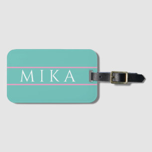 Etiqueta De Bagagem Trendy Teal com Linhas de Rosa claro, Nome DIY