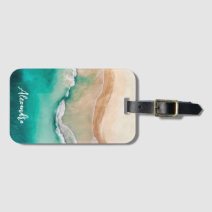 Etiqueta De Bagagem Tropical Beach Ocean Watercolor Name Monograma