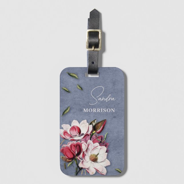 Etiqueta De Bagagem Tropical Flowers Dusty Blue Monogram Name (Frente Vertical)