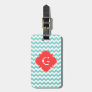 Etiqueta De Bagagem Turq/monograma coral branco Chevron Quatrefoil do