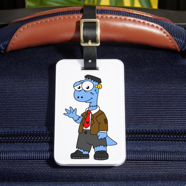 Etiqueta De Bagagem Um Brontosauro De Cartoon Vestiu Como Frankenstein (Frente Insitu 2)