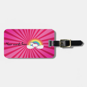 Etiqueta De Bagagem Unicórnio em nuvens no sunburst cor-de-rosa