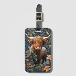 Etiqueta De Bagagem Vaca das Terras Altas Floral Azul Inspirado em Wil