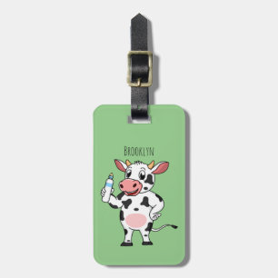Etiqueta De Bagagem Vaca feliz com cartum de mamadeira
